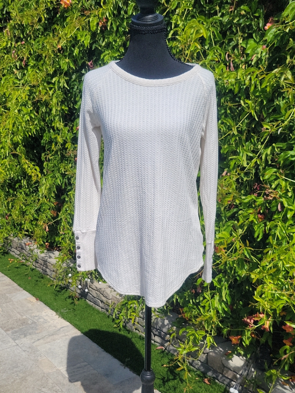 Chaser Creamy Off White Long Sleeve Waffle Knit Top with Button Cuffs S